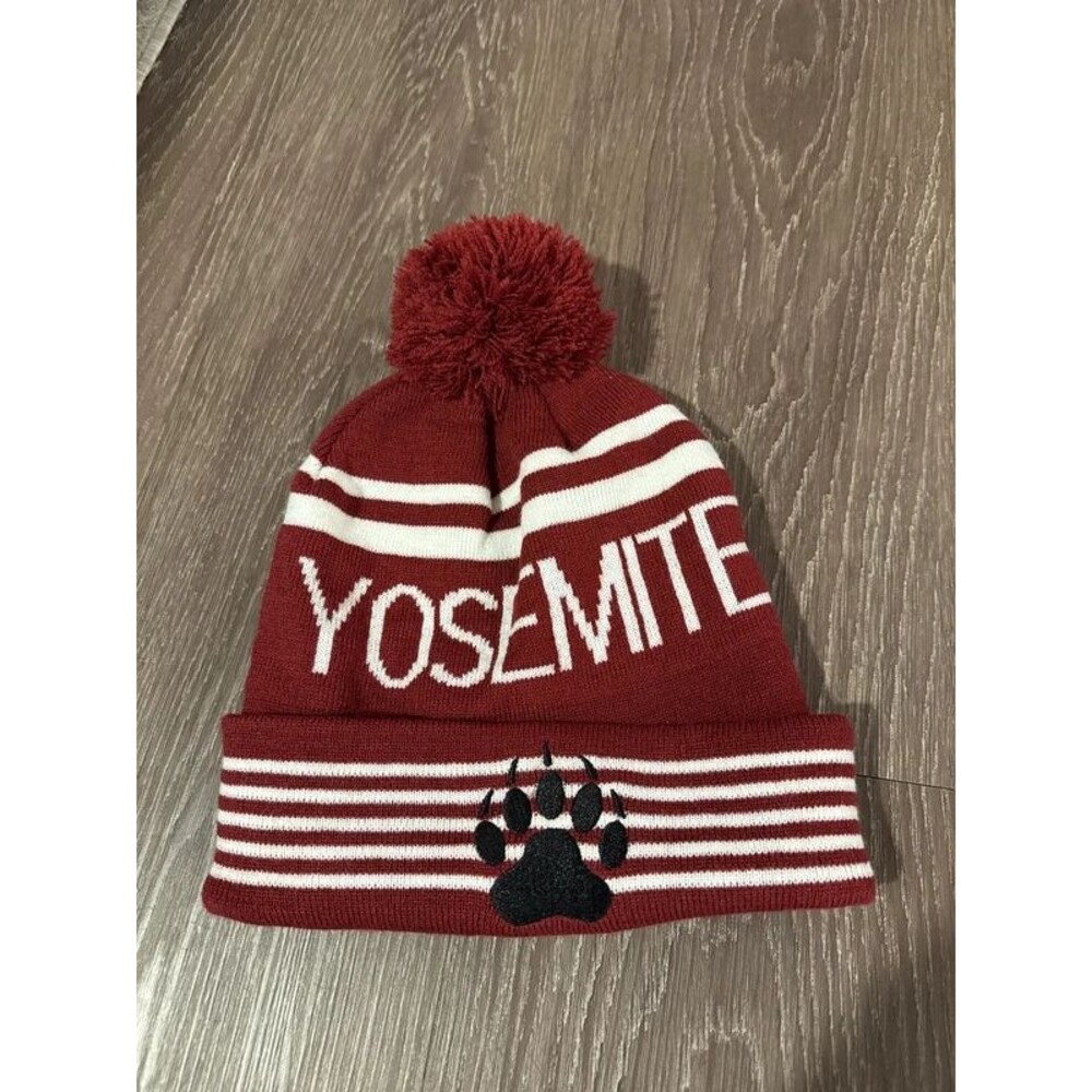 Yosemite National Park Striped Knit Pom Pom Beanie Maroon Paw Print Winter Hat
